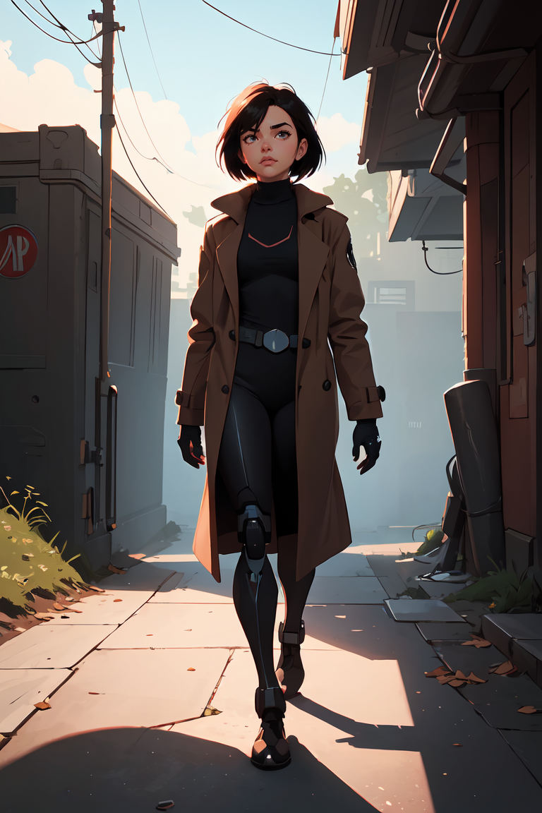 407543-3791023028-a cyborg girl, battle angel alita, black turtle neck tank top, long brown coat, glowing, (art by Ilya Kuvshinov) shadow, dramati.png